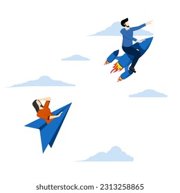 innovation and motivation, Leadership to win business competition, winner or competitive advantage for success in work concept, businessman driving fast rocket to win against other origami planes.