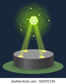 Innovation museum carbon atom structure hologram on illuminated pedestal. Future technology physics and chemistry lesson education. Virtual show vector illustration