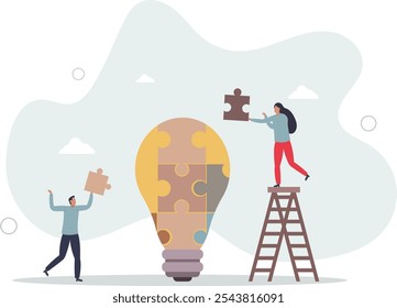 Inovação e geração de novas ideias com personagens criativos e planos.