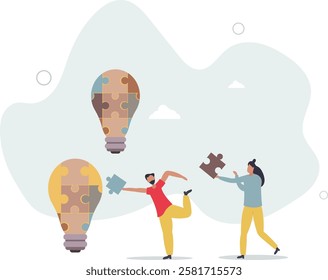 Innovation and new idea generation with creative teamwork .Startup development with effective brainstorm from partnership, collaboration or colleagues support .flat characters.