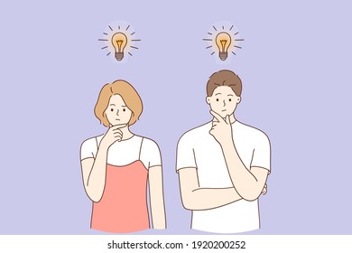 Innovation, new ideas, creativity concept. Creative man and woman standing thinking with light bulbs above meaning new opportunities, ideas, creative business projects and development illustration