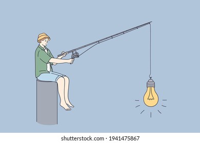 Innovation, new ideas, startup business concept. Young boy in cap cartoon character sitting and fishing light bulb with new innovative idea alone vector illustration 