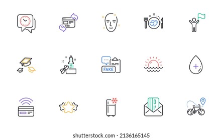 Iconos de la línea de innovación, suero de aceite y refrigerador para sitio web, impresión. Colección de iconos de reloj, atardecer, Actualizar sitio web. Cena romántica, Star, elementos web de Liderazgo. Vector