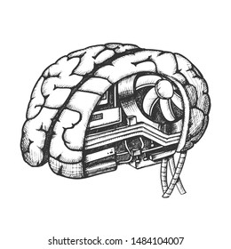 Innovation On Computer Chip-Brain Vector. Artificial Intelligence Concept In Human Brain. Motherboard, Processor And Cooler. Hand Drawn In Vintage Style Black And White Illustration