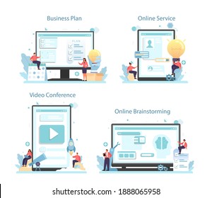 Innovation online service or platform set. Idea of creative business solution. Production and marketing invention. Online business plan, brainstorming, video conference. Flat vector illustration