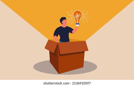 Innovation open box   think outside for business  Smart businessman growth   vision strategy vector illustration concept  Power imagination   research creativity idea  Invention thinking human