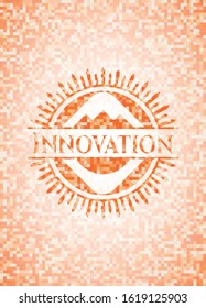 Innovation orange tile background illustration. Square geometric mosaic seamless pattern with emblem inside.