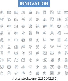 Colección de iconos de esquema de innovación. Innovar, Creatividad, Avance, Novedad, Mejora, Invención, Modernización de la ilustración vectorial. Transformación, progreso, signos de línea de origen