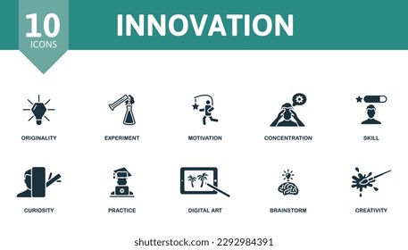 Innovation outline set. Creative icons: originality, experiment, motivation, concentration, skill, curiosity, practice, digital art, brainstorm, creativity.