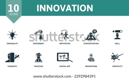 Innovation outline set. Creative icons: originality, experiment, motivation, concentration, skill, curiosity, practice, digital art, brainstorm, creativity.