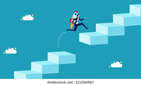Innovation overcoming obstacles and problems. businessman with a rocket jumping over the gap