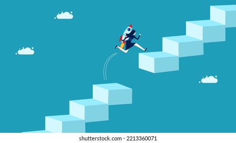 Innovation overcoming obstacles and problems. businesswoman with a rocket jumping over the gap