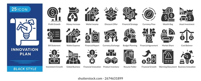 Conjunto de iconos de Plan de innovación en estilo negro, con crecimiento de ganancias, ingresos de la cartera, ofertas de descuento, estrategia, flujo de divisas y bolsa de riqueza.