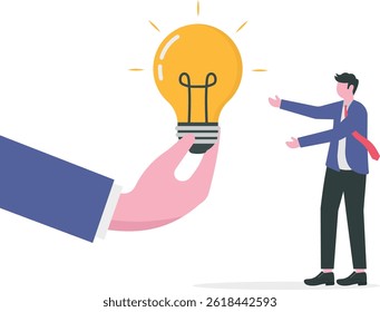 Innovation and Positive energy of Creative thinking, Big hand gives idea light bulb to businessman

