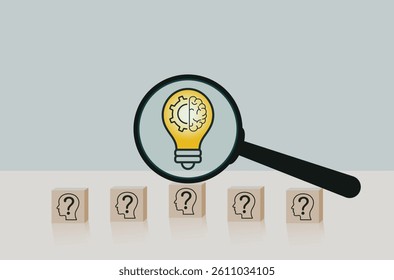 Innovation and Problem Solving Concept background vector art. Magnifying glass focuses on light bulb icon above blocks with question marks