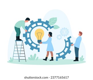 Innovation process, cooperation and construction of digital projects vector illustration. Cartoon tiny people holding light bulb and part of cogwheel to connect and put inside gear, work with cogs