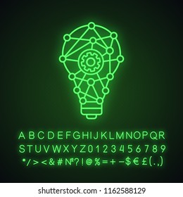 Innovation process neon light icon. Technological progress. Creative idea. Machine learning. Cogwheel inside light bulb. Glowing sign with alphabet, numbers and symbols. Vector isolated illustration