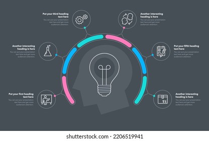 Plantilla de proceso de innovación con seis pasos - versión oscura. Diapositiva para presentación de negocios.