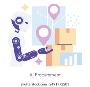 Innovación en el concepto de contratación. Un robot que analiza datos y optimiza la logística de la cadena de suministro. Agilizar el inventario con tecnología de IA. Ilustración vectorial.