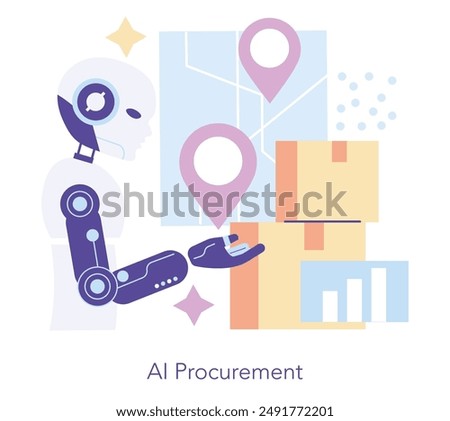 Innovation in procurement concept. A robot analyzing data and optimizing supply chain logistics. Streamlining inventory with AI technology. Vector illustration.