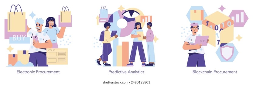 Innovation in procurement set. Digital shopping, data analytics, and secure transactions through blockchain represented with characters and icons. Vector illustration.