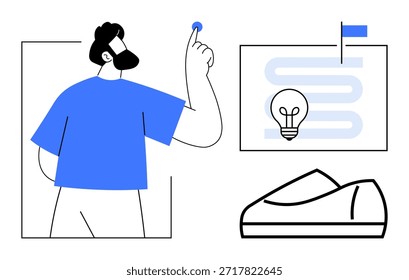 Innovación, diseño de productos, creatividad, progreso, nuevas ideas, individualidad. Persona que apunta a un icono con una bombilla, zapato y bandera. Ilustración de conceptos de innovación y diseño de productos