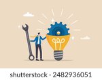 Innovation or product development, idea or solution to solve business problem, invention or technology creation to build new product, efficiency concept, businessman build gear in lightbulb idea.