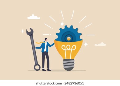 Innovation or product development, idea or solution to solve business problem, invention or technology creation to build new product, efficiency concept, businessman build gear in lightbulb idea.