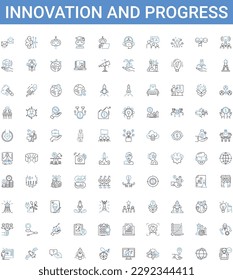 Colección de iconos de esquema de innovación y progreso. Innovación, Progreso, Desarrollo, Avance, Mejora, Mejora, Renovación de la ilustración vectorial. Crecer, crear, Evolucionar signos de línea