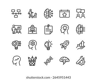 Innovation and Progress Vector Icon Set | Adjustable Line Weight | Brain, growth, startup, idea, development, planning, creativity, rocket, strategy, thinking, improvement, research icons