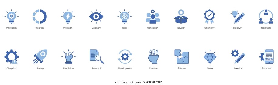 Inovação, Progresso, Visão, Ideia, Geração, Novidade, Originalidade, Criatividade, Trabalho em equipe, Destruição, Startup, Revolução, Pesquisa, Desenvolvimento, Criativo, Solução, Valor, Criação conjunto de ícones de vetor