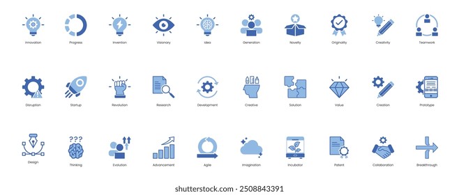Innovation, Progress, Vision, Idea, Generation, Novelty, Originality, Creativity, Teamwork, Destruction, Startup, Revolution, Research, Development, Creative, Solution, Value, Creation vector icons