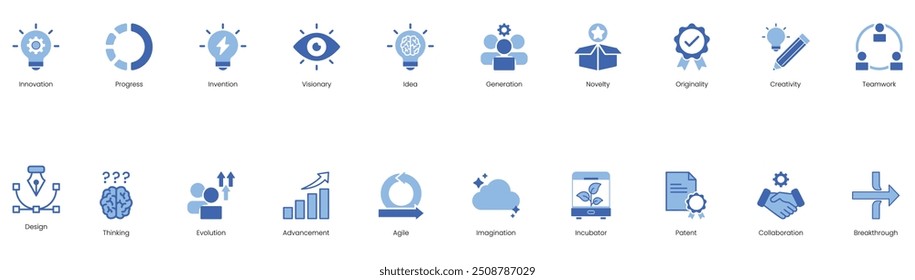 Inovação, Progresso, Visionário, Ideia, Geração, Novidade, Originalidade, Criatividade, Trabalho em equipe, Design, Pensamento, Evolução, Avanço, Ágil, Imaginação, Incubadora, Patente vetor ícone set