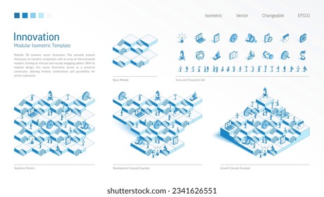 Innovation, Project Start Up modular isometric constructor. Seamless pattern base, line icon, character set. Develop, growth up stairs, teamwork concept. Creative idea platform. Business infograph