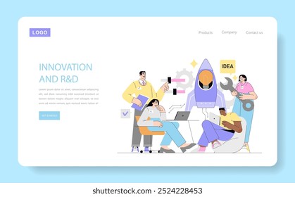 Innovation and R D concept. Creative team collaborates on research and development with high-tech and ideas. Professional teamwork in a digital setting. Vector illustration.