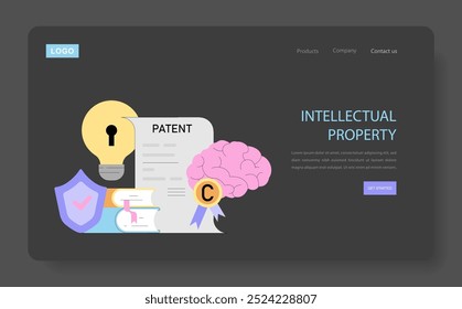 Inovação e conceito de I&D. Lâmpada, cérebro e documento de patente simbolizando criatividade e proteção legal. Elementos de propriedade intelectual no design da Web. Ilustração vetorial.