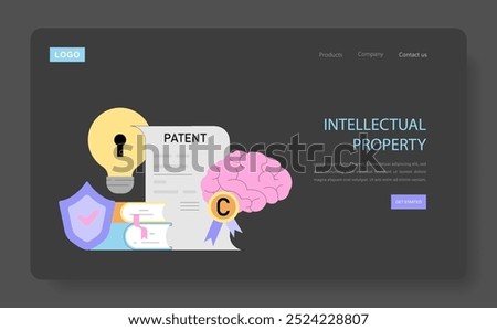 Innovation and R D concept. Lightbulb, brain, and patent document symbolizing creativity and legal protection. Intellectual property elements in web design. Vector illustration.