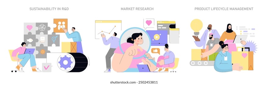 Innovation and R D set. Exploring sustainable research, market analysis, and product life cycle management. Teamwork in technology development. Vector illustration.