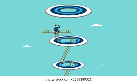 innovation to reach success, journey to success in business, build a career path to achieve goal and target, Smart businessmen use ladders to climb the bullseyes one by one