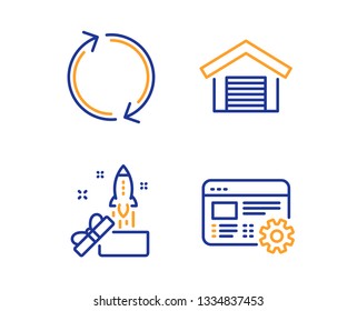Innovation, Refresh and Parking garage icons simple set. Web settings sign. Crowdfunding, Rotation, Car place. Engineering tool. Technology set. Linear innovation icon. Colorful design set. Vector