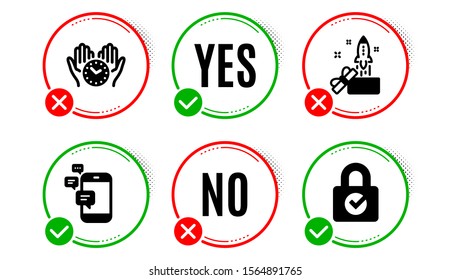 Innovation, Safe time and Communication icons simple set. Yes no check box. Password encryption sign. Crowdfunding, Hold clock, Smartphone messages. Protection locker. Technology set. Vector