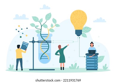 Innovation and science research in agriculture vector illustration. Cartoon tiny scientists grow plant in laboratory vial, using biotechnology and smart scientific experiment to boost bio cells growth