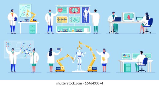 Innovation in science technology, people work in novative laboratory with artificial intelligence research vector illustration. Scientists in innovative lab in genetic and robotic engineering.