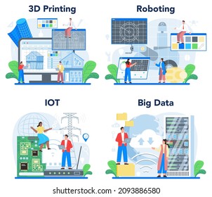 Innovation sector set. Idea of modern IT industry and computer technology. Robotics engineering, 3d constructing, big data and internet of things. Flat vector illustration