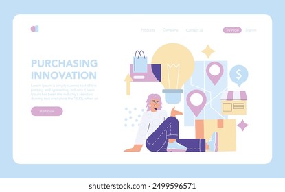 Innovación en concepto de compras. Una interfaz moderna que muestra compras en línea con un personaje femenino relajado. Comercio electrónico y tecnología de pago digital. Ilustración vectorial.