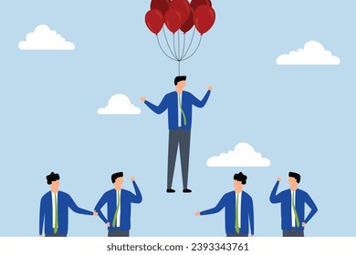 Innovation skill to different from others, Businessman flying above other competitors in balloon suit and recruiting candidates.