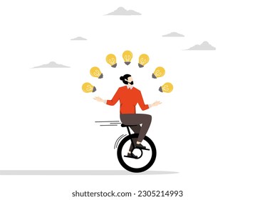 innovation or skills for success in business, Creativity and ideas, skilled businessman riding a tricycle juggling light bulbs metaphor many ideas. flat vector illustration on a white background.