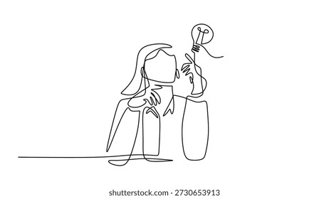 Innovation and smart business solution vector illustration. Businesswoman with a light bulb minimalist continuous line drawing.