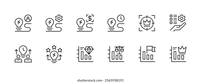 Innovation and solution icon collection. Idea, creativity, inspiration, thinking, brainstorming, productivity, coordination, growth and more. Editable stroke. Pixel Perfect. Grid base 32px.