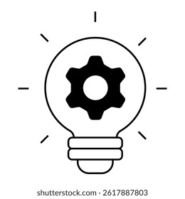 Innovation and Solution Idea. Lightbulb with gear icon representing smart tech ideas and support innovation